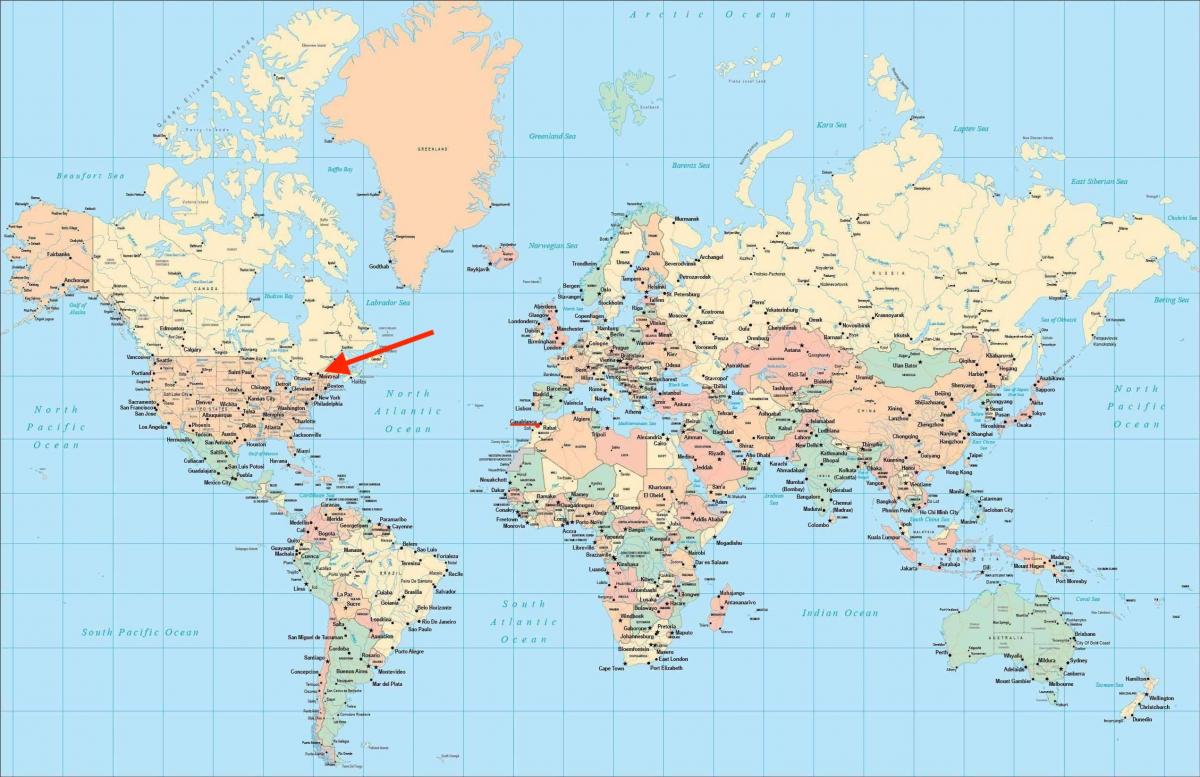 世界地図上のモントリオールの位置